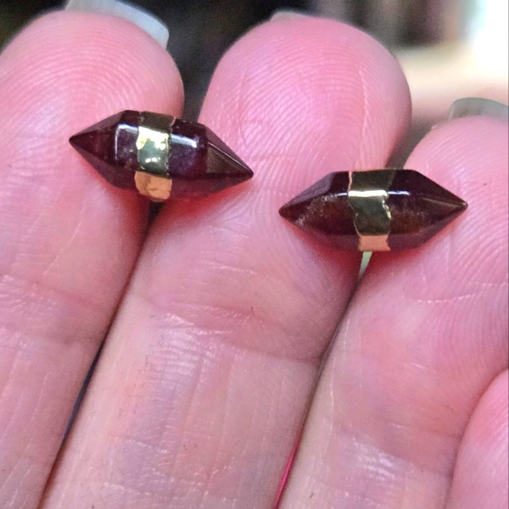 Garnet natural crystal gemstone pillar sterling & gold earrings